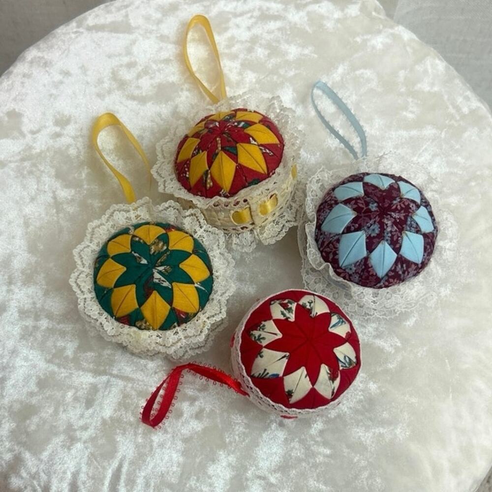 Vtg handmade quilted ornaments, referred to as "Amish Star" multi color set/4